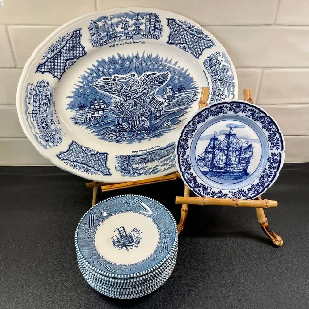 Currier And Ives Blue and White Steamboat Saucer Plates